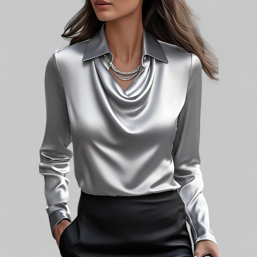 Belcanto | Satin Collared Blouse with Draped Neckline